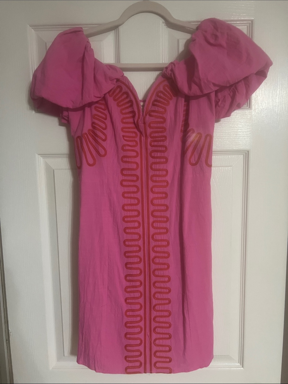Pink Puff-Sleeve Mini Dress with Red Trim